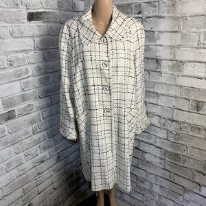 Vintage 90s Windowpane Check Overcoat 2XL White Black Dolman Sleeve Midi Coat